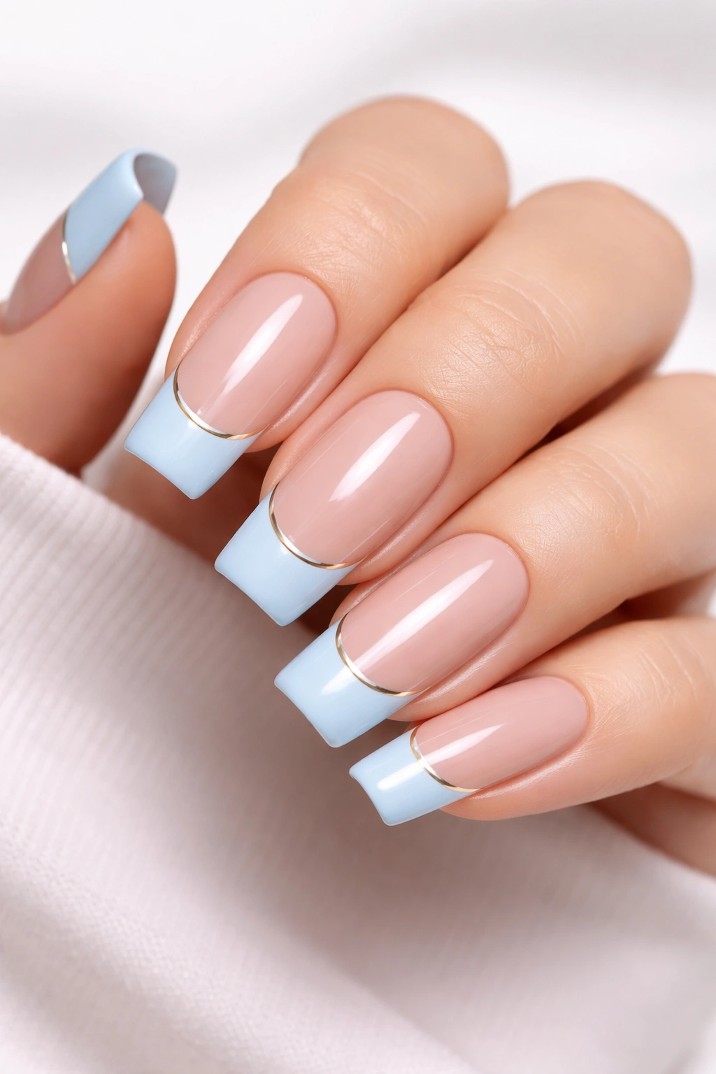 Nude-base nails with blue tips and a thin gold line on squoval nails.