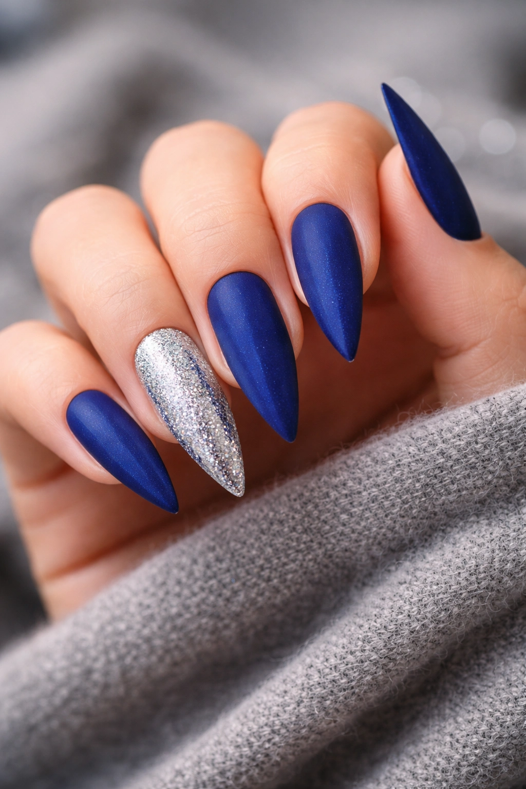 Blue velvet matte nails with silver glitter accents on stiletto nails