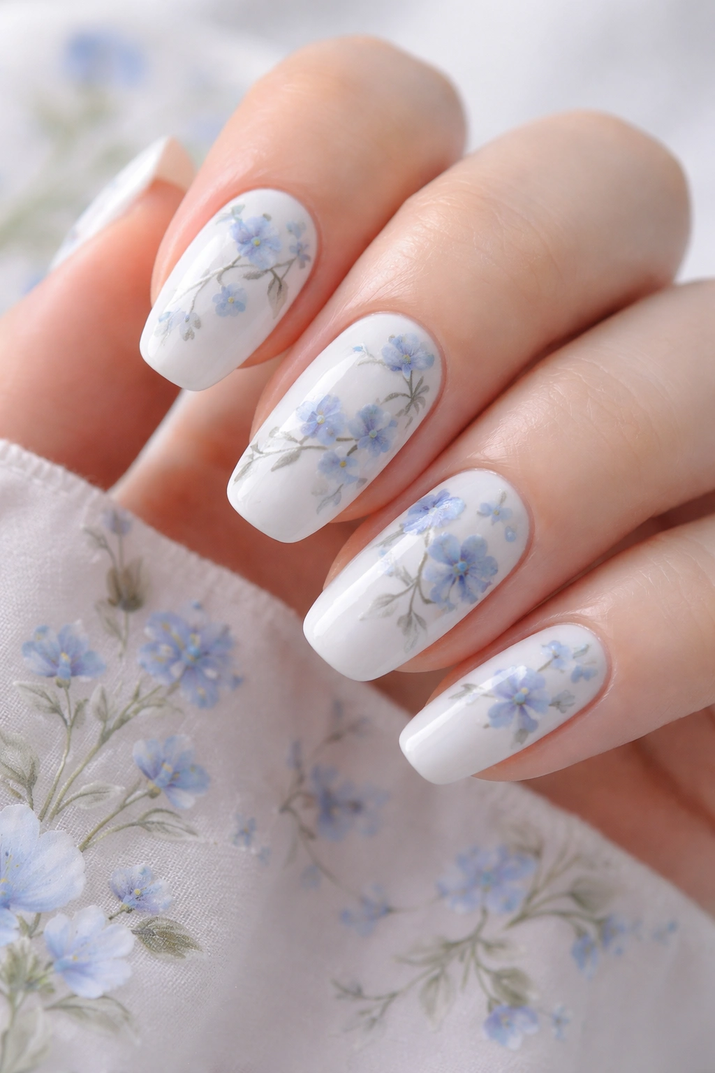 Close-up of nails with delicate blue floral patterns on white base