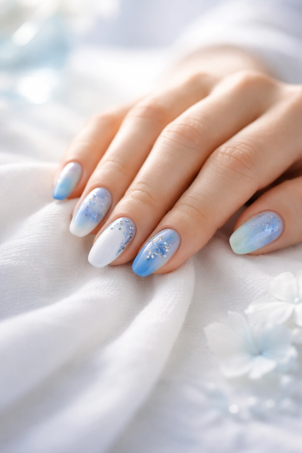 Hands displaying blue and white nails in a calm setting