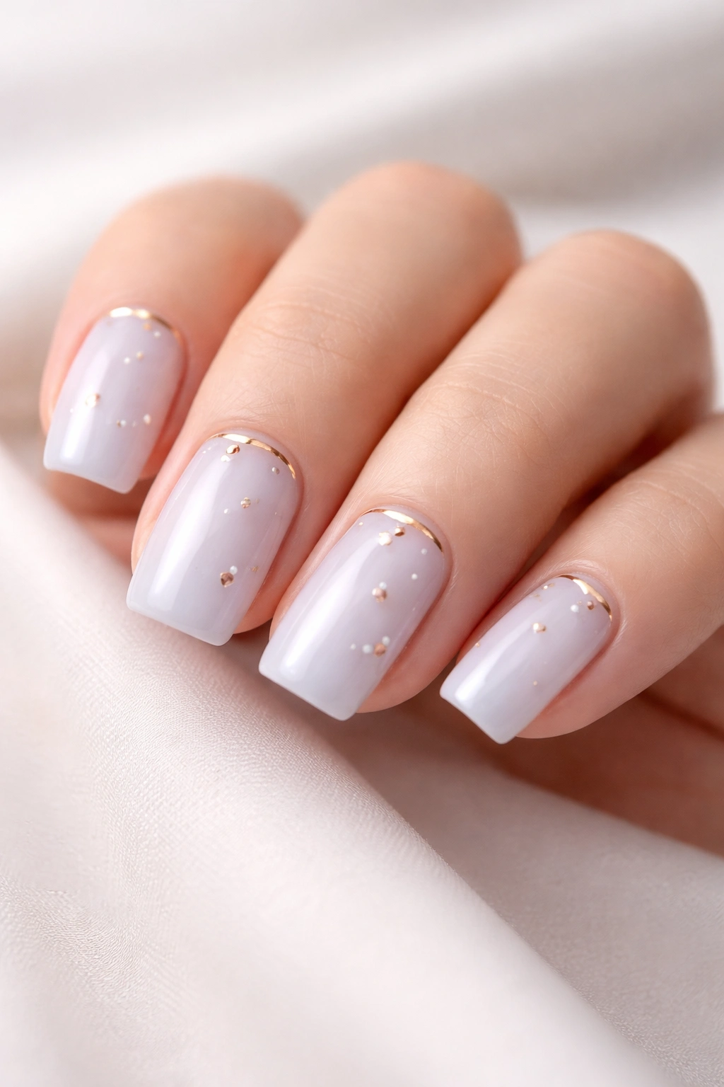 Close-up of soft square blueberry milk nails with a thin gold stripe near the cuticle