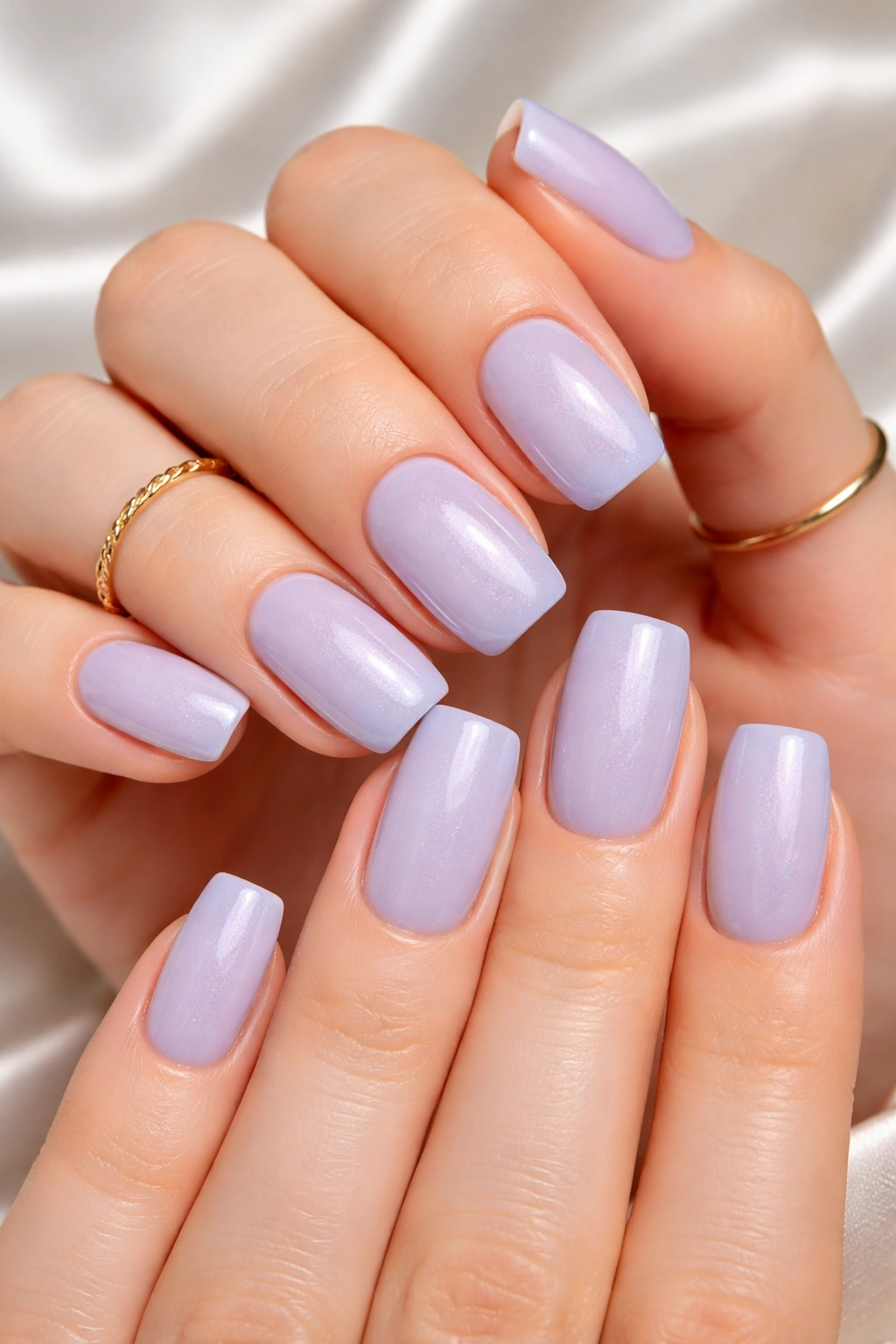 Blueberry milk nails with soft pearl shimmer catching light
