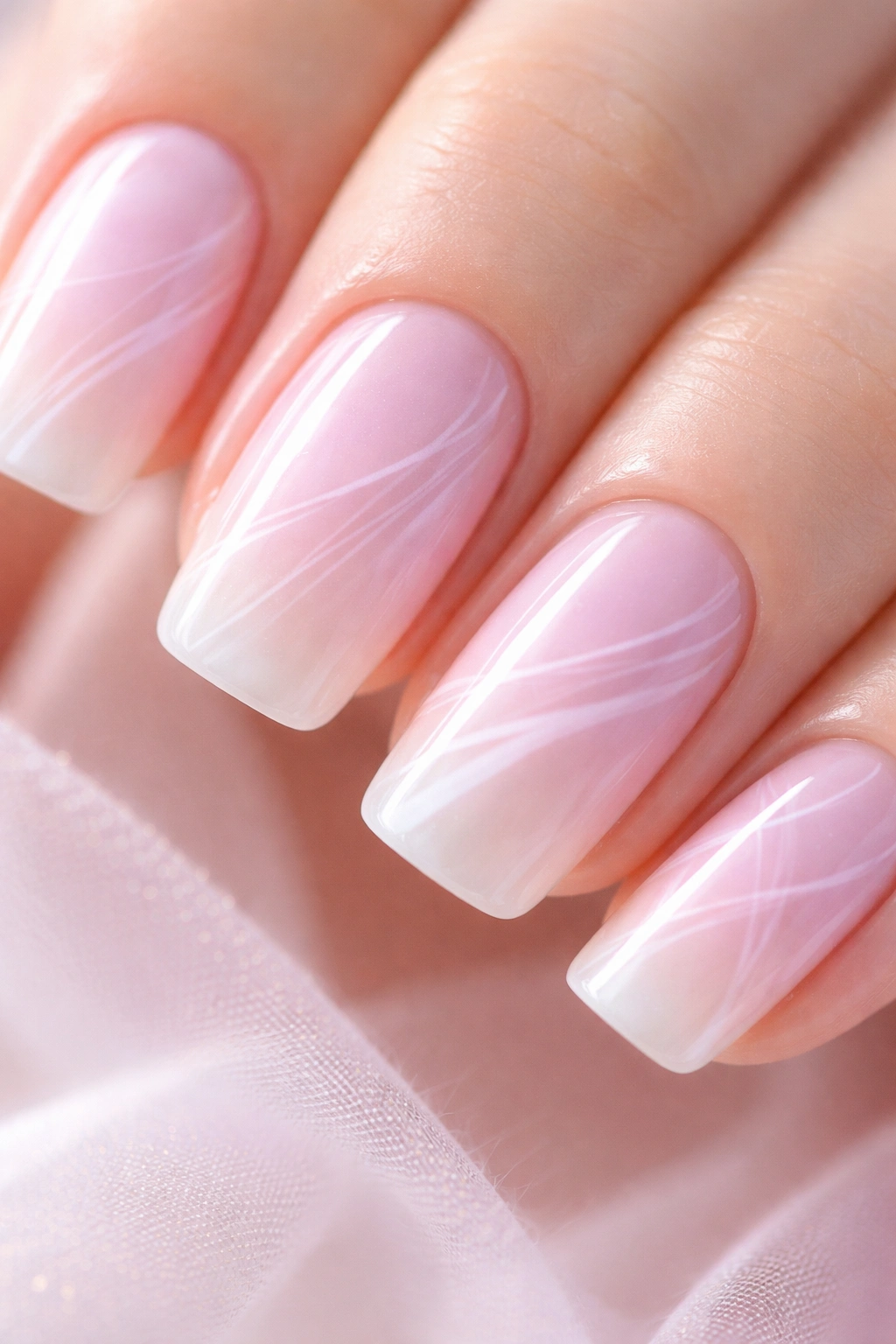 Soft square nails with translucent blurred lines and dreamy finish.