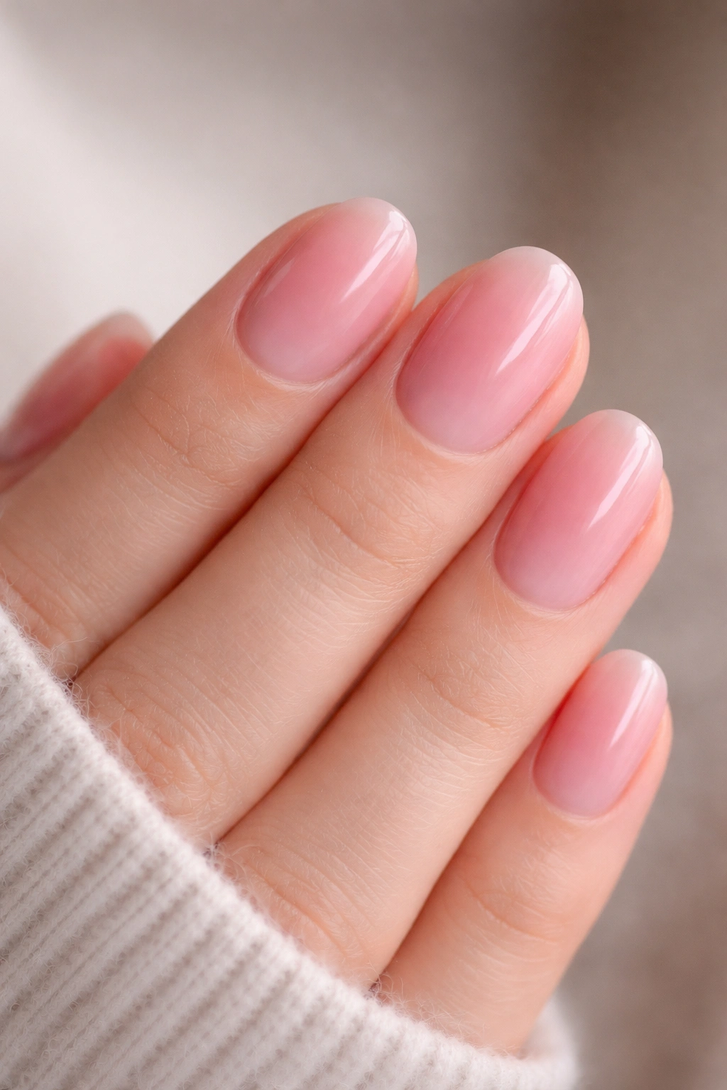 Short oval nails with a soft pink gradient fade from cuticle to tip