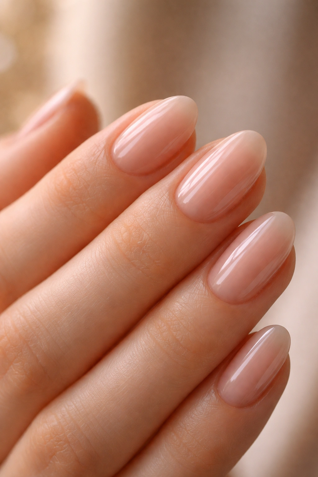 Close-up of blush almond nails on short length with soft glow