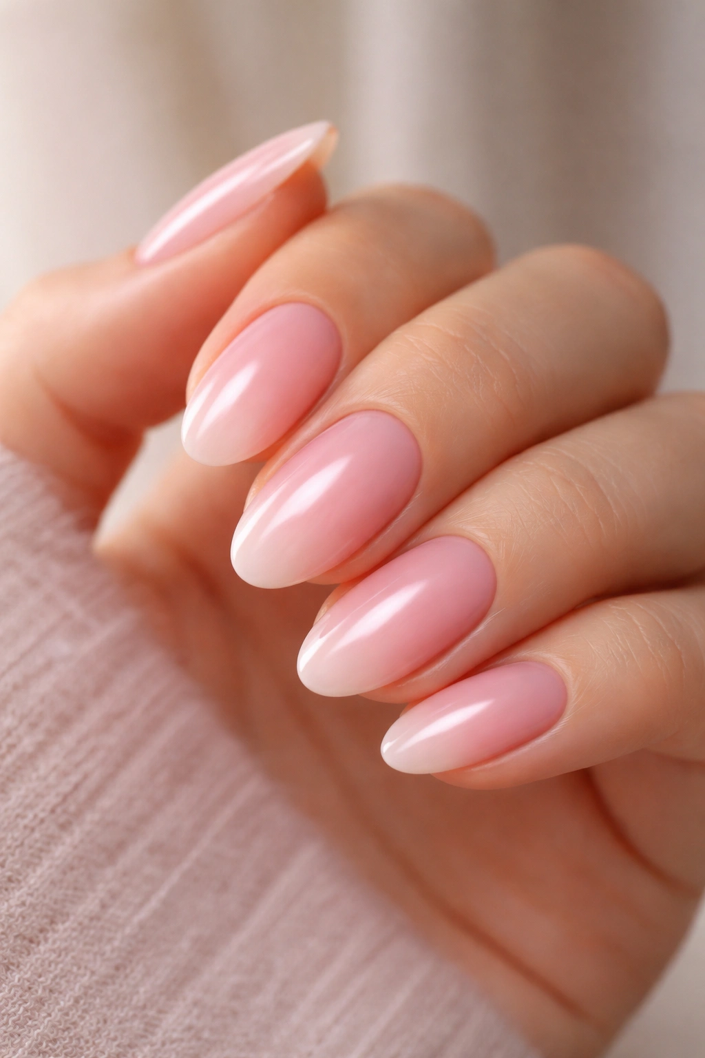Short almond nails with blush aura center glow fading to nude