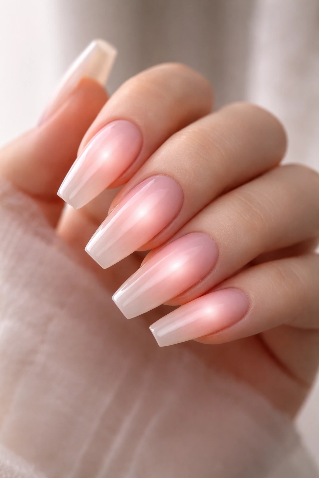 Close-up of nails with soft pink blush aura centered on the nail bed