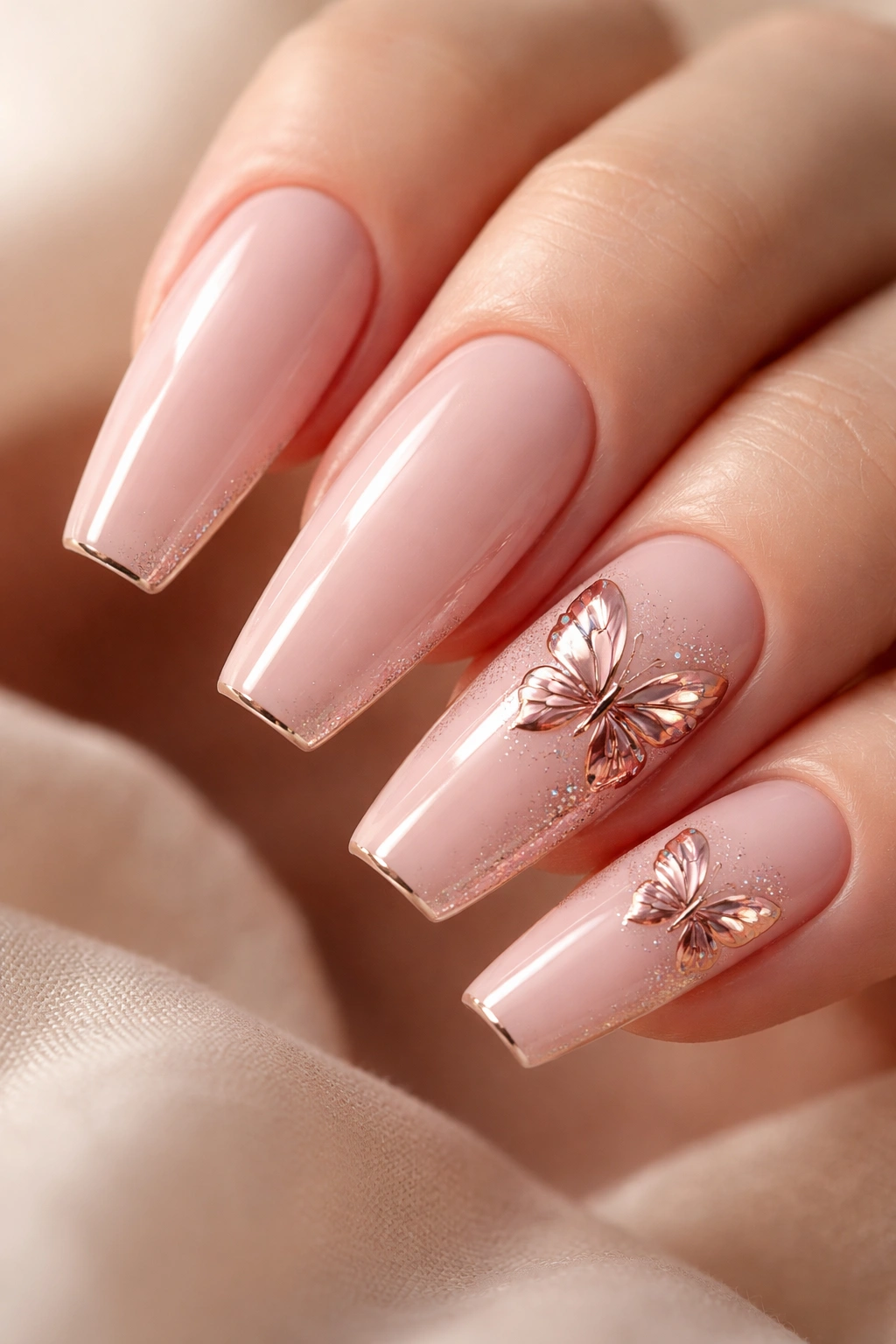 Close-up of blush base nails with rose gold chrome butterfly accents