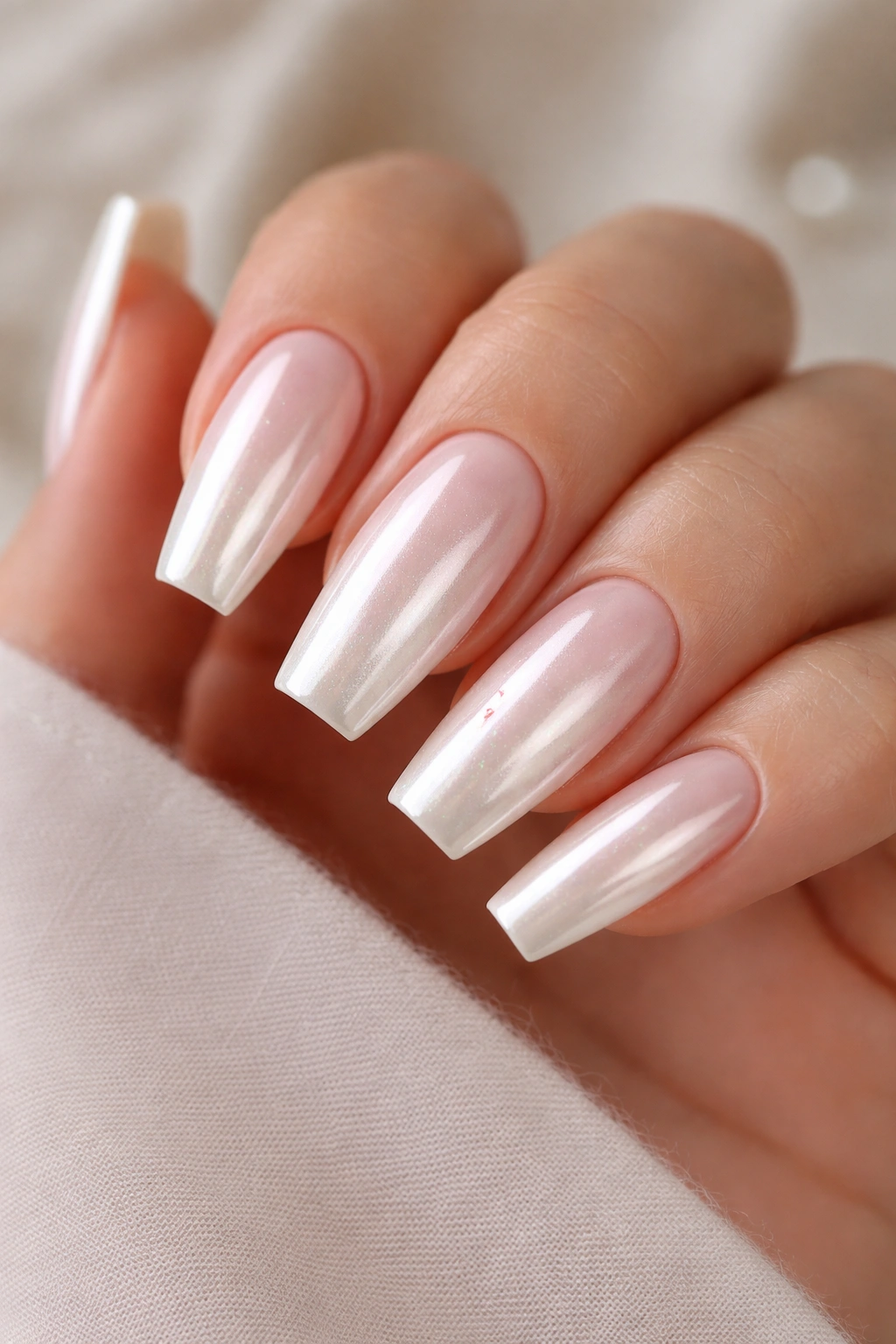 Close-up of blush-based white chrome nails with soft pink underlayer