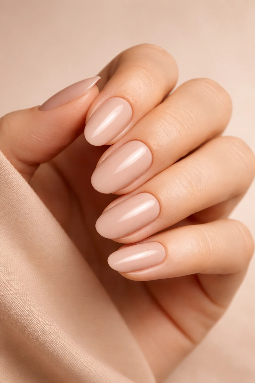 Close-up of blush beige nails in a nude-pink manicure on a plain background