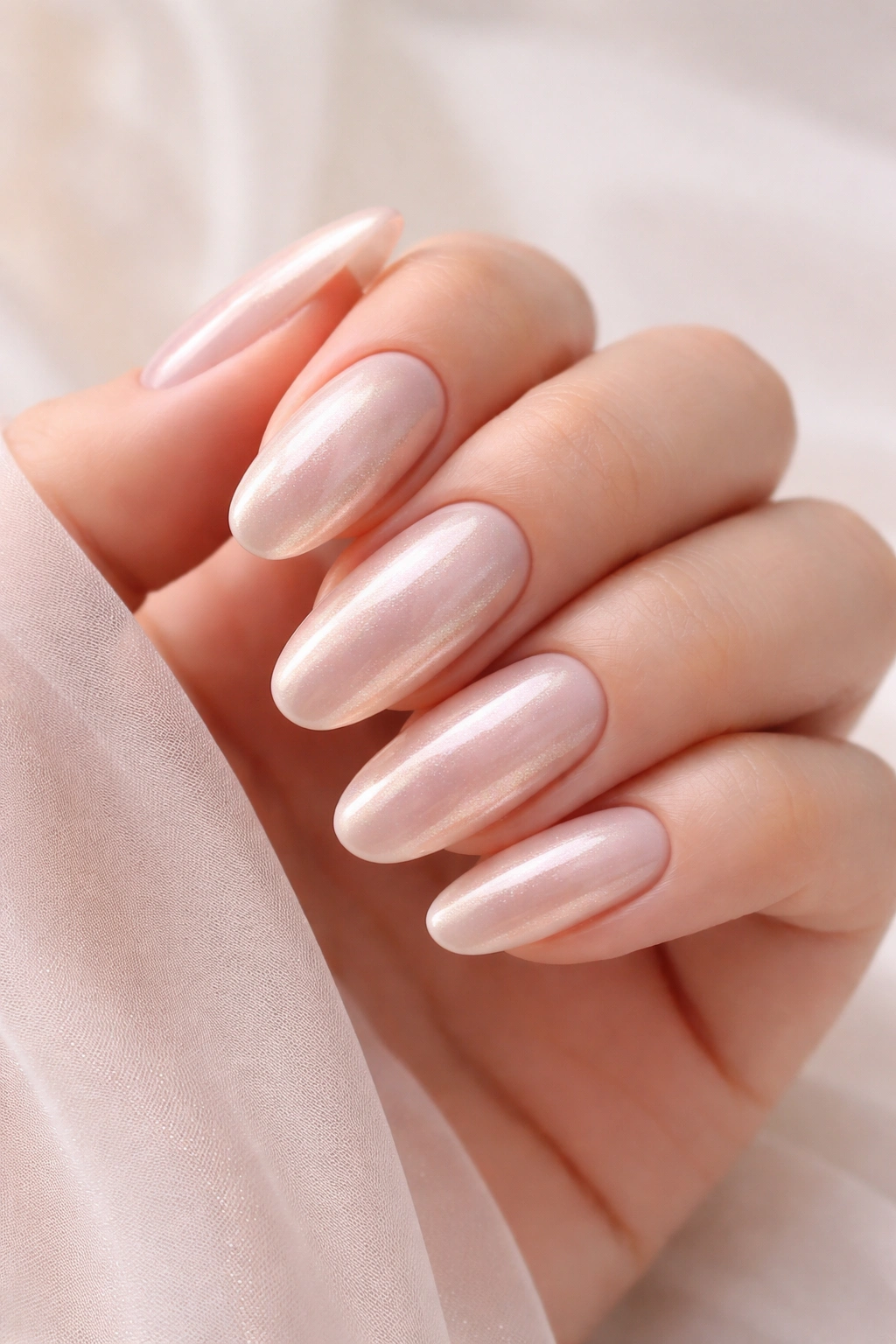 Beige nails with pearl sheen on long rounded tips