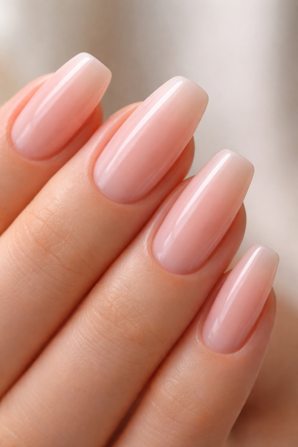 Builder gel nails with a barely-there apex on a pink-beige blush shade