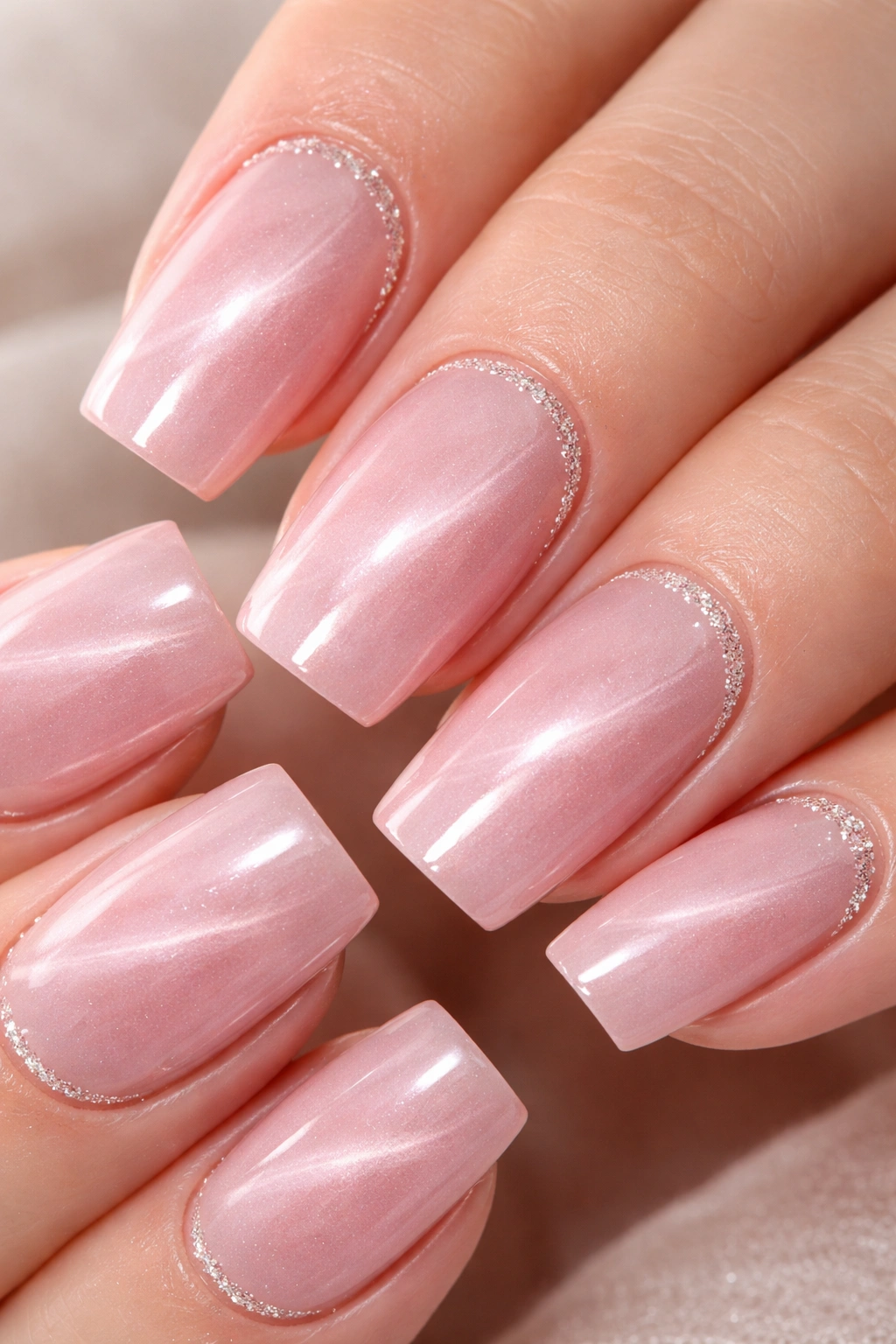 Blush pink cat eye nails with microglitter accents on soft square nails