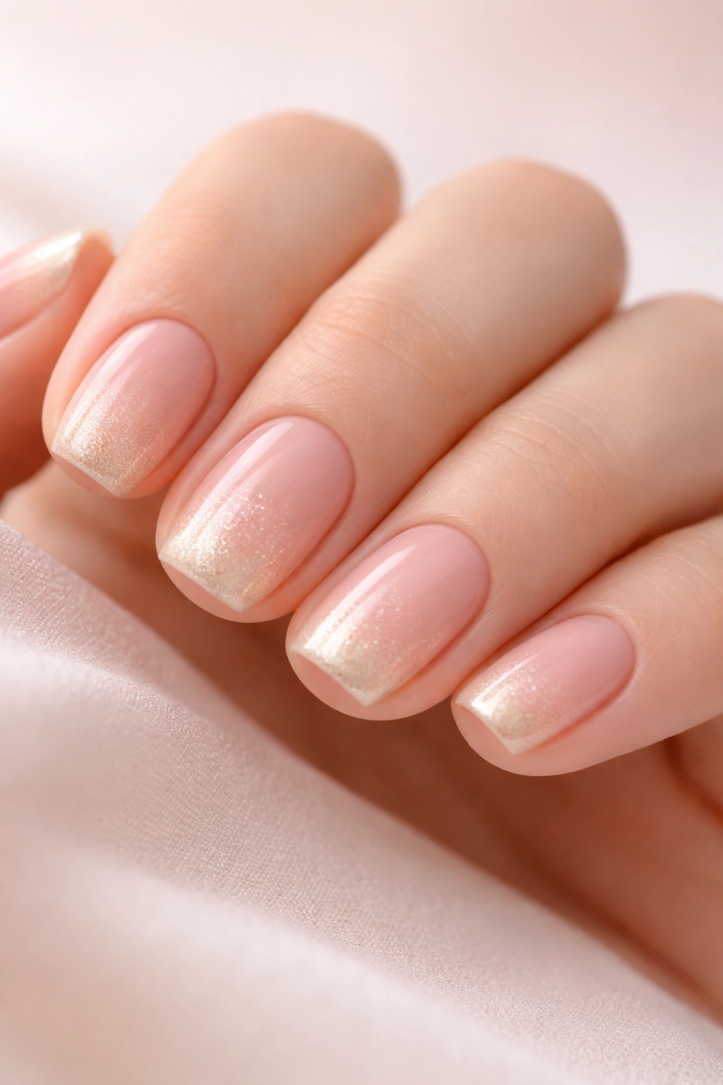 Close-up of subtle blush to champagne gradient on short nails for a refined office appearance