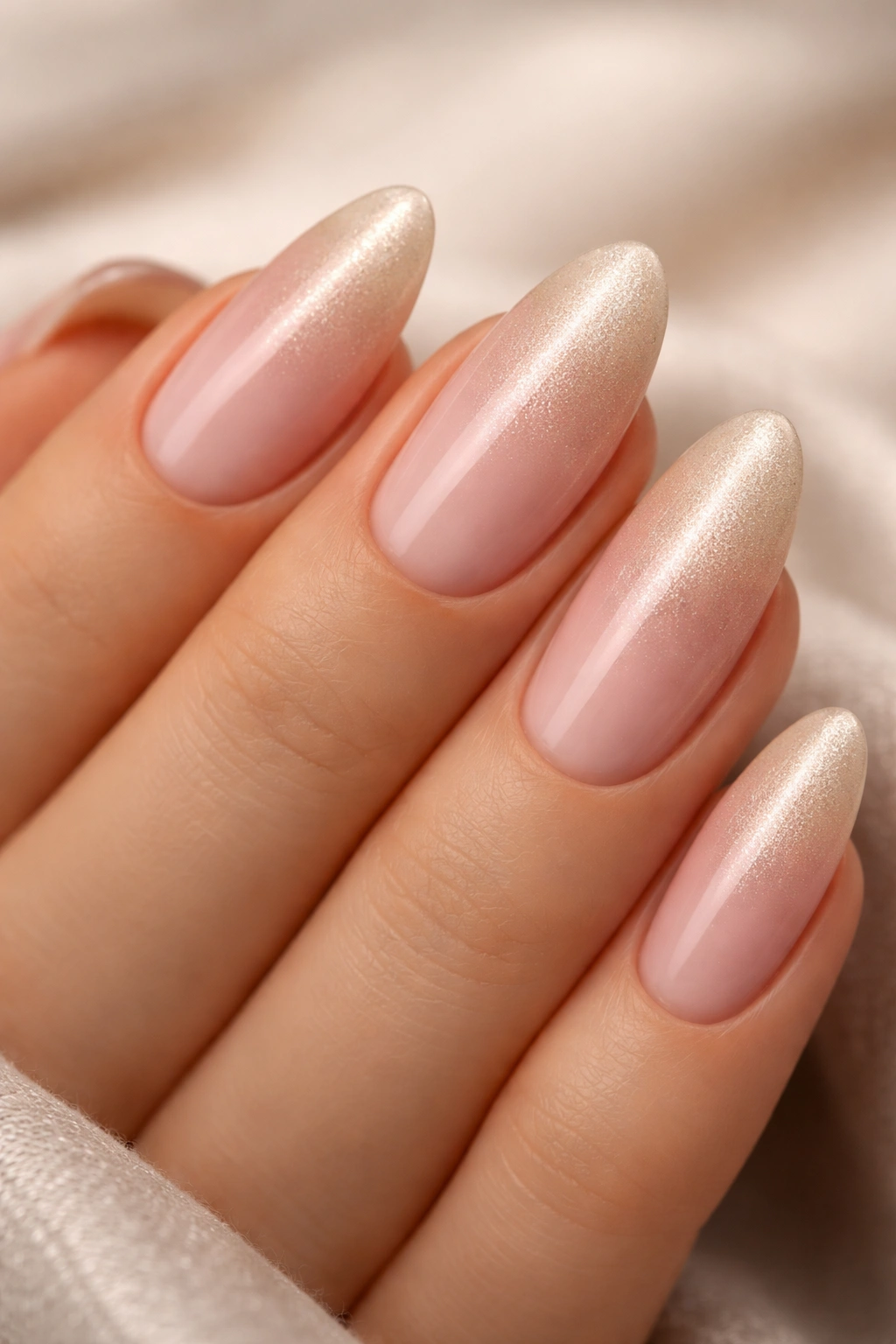 Almond nails blush to champagne gradient with shimmer