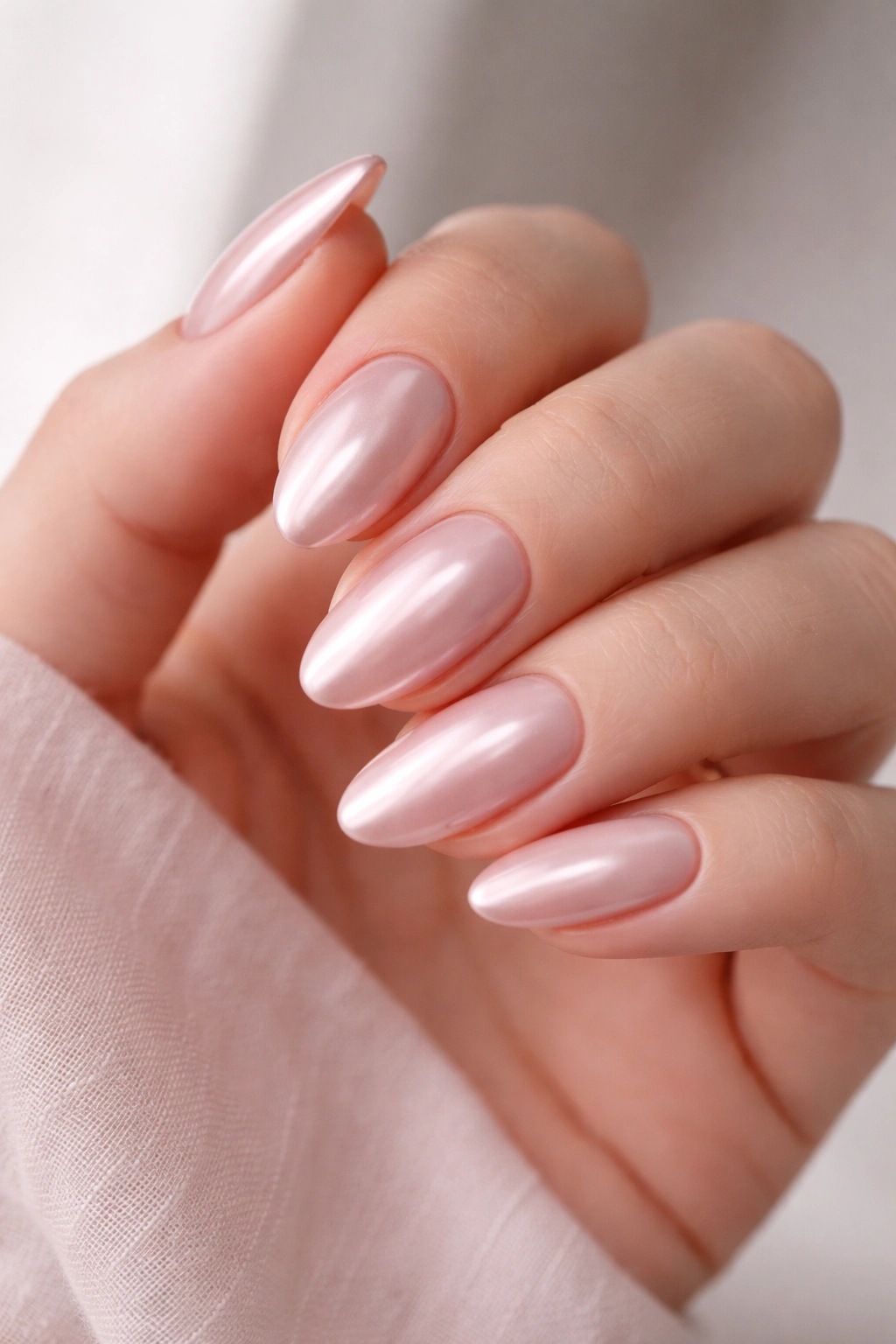 Close-up of short almond nails with blush chrome on a rose-beige base