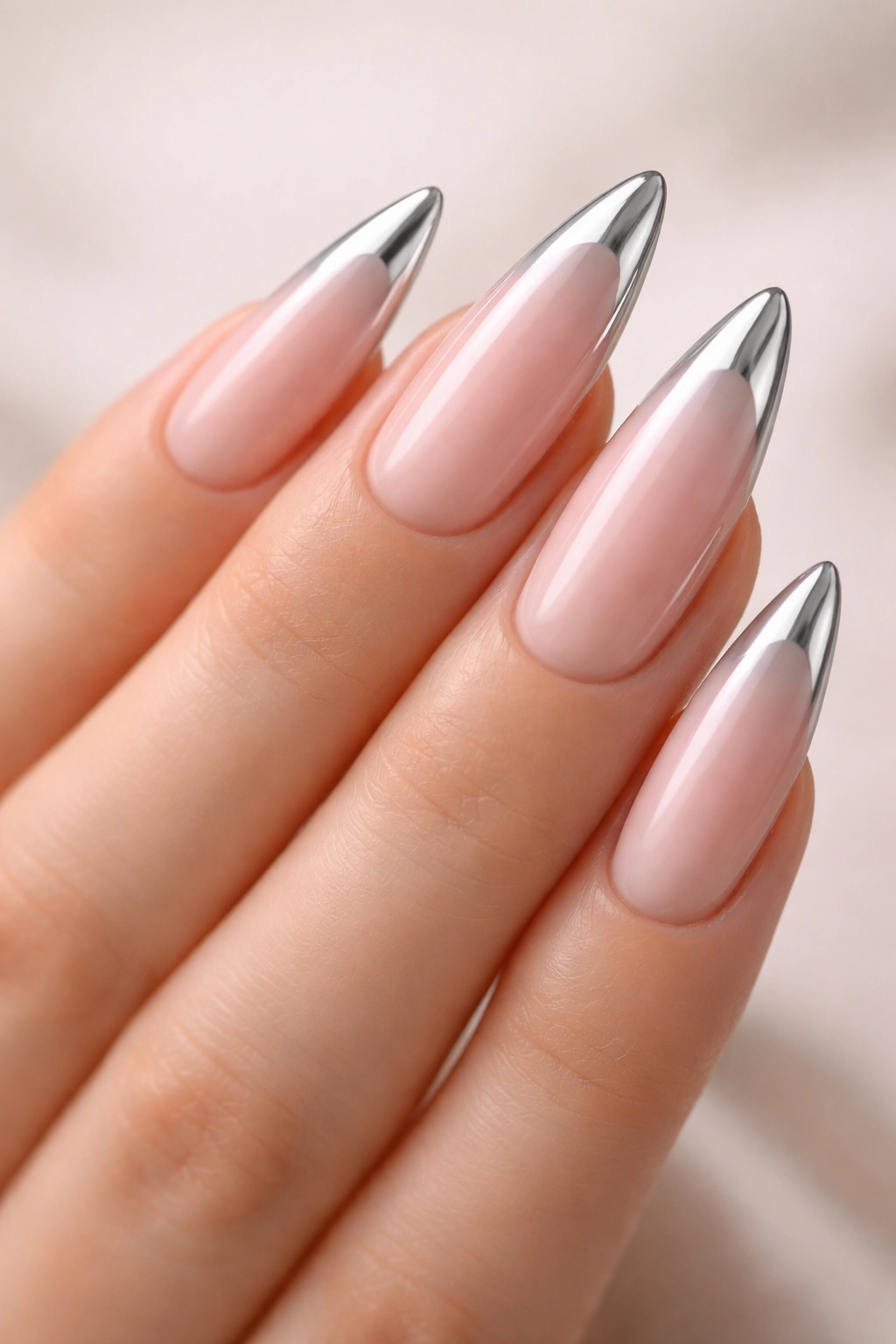 Close-up of blush gradient stiletto nails with chrome tips on medium-length nails