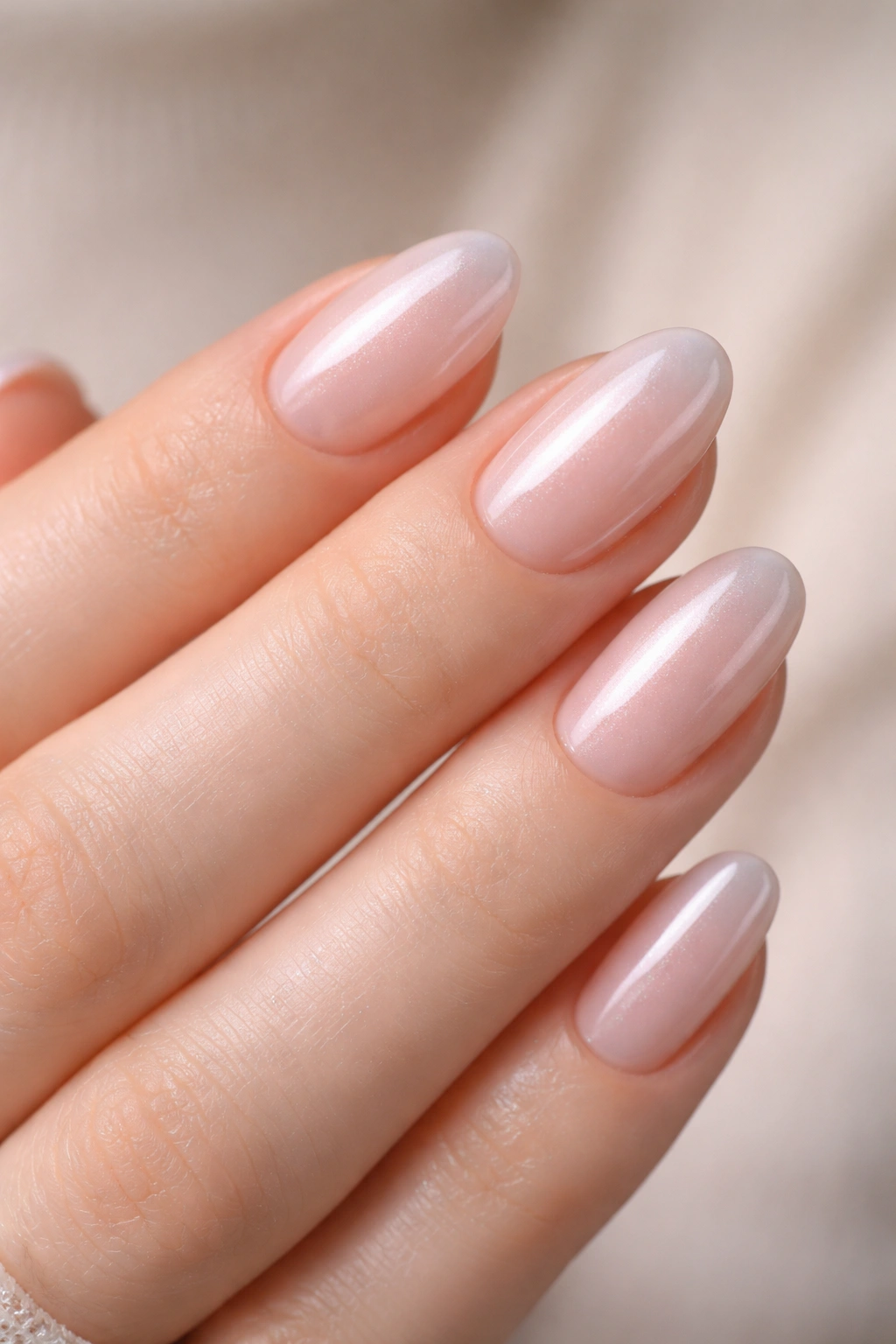 Close-up of a short almond nail with blush chrome finish showing soft reflective glow