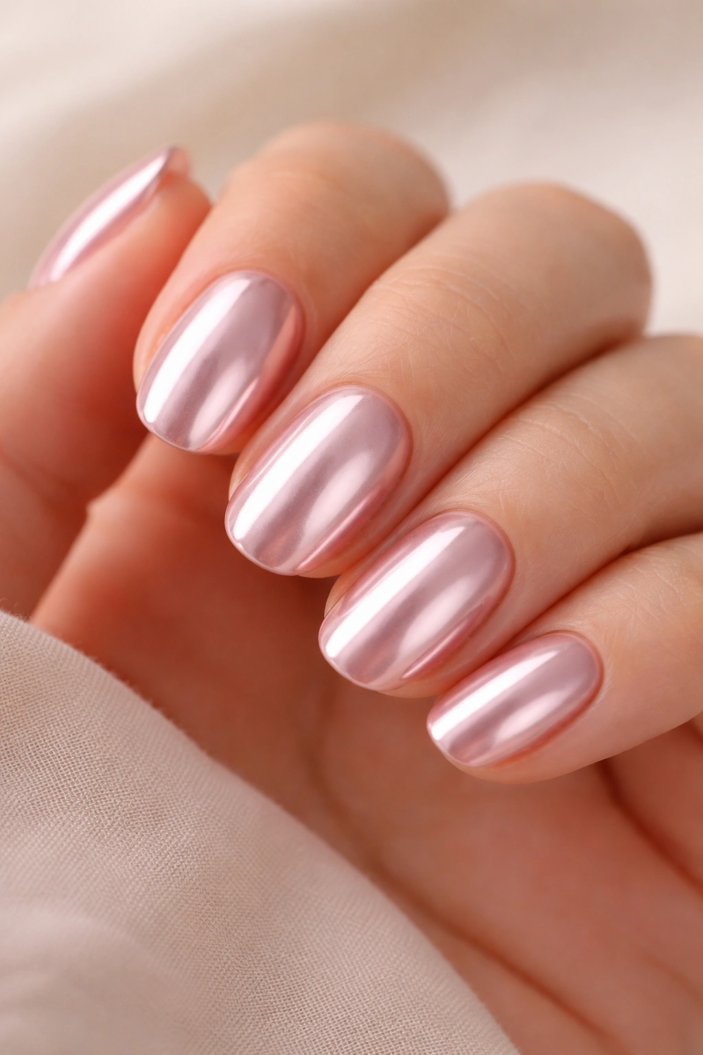 Close-up of blush chrome short oval press-on nails with pink base and reflective chrome finish