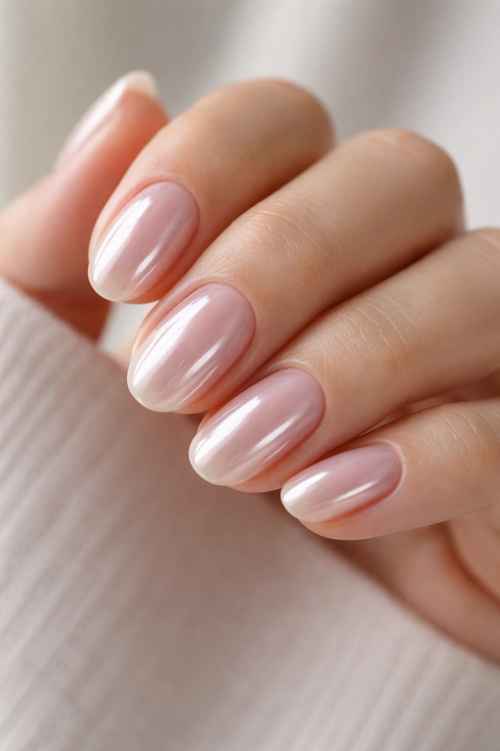 Close-up of short oval nails with blush chrome glaze on a pink base, soft reflective shimmer
