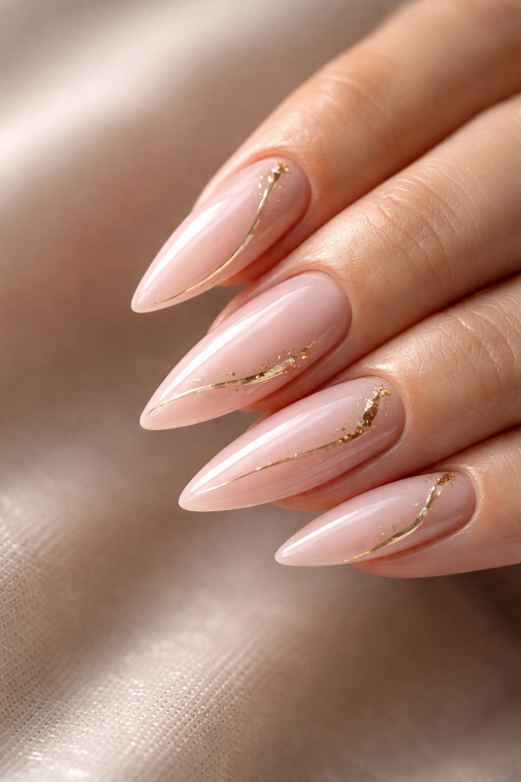Blush pink nails with gold accents on medium stiletto nails