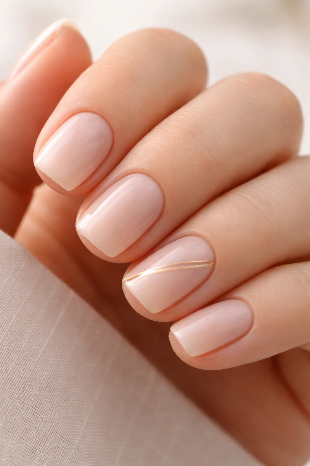 Close-up of ultra-pale blush nails with thin gold striping on two squoval nails