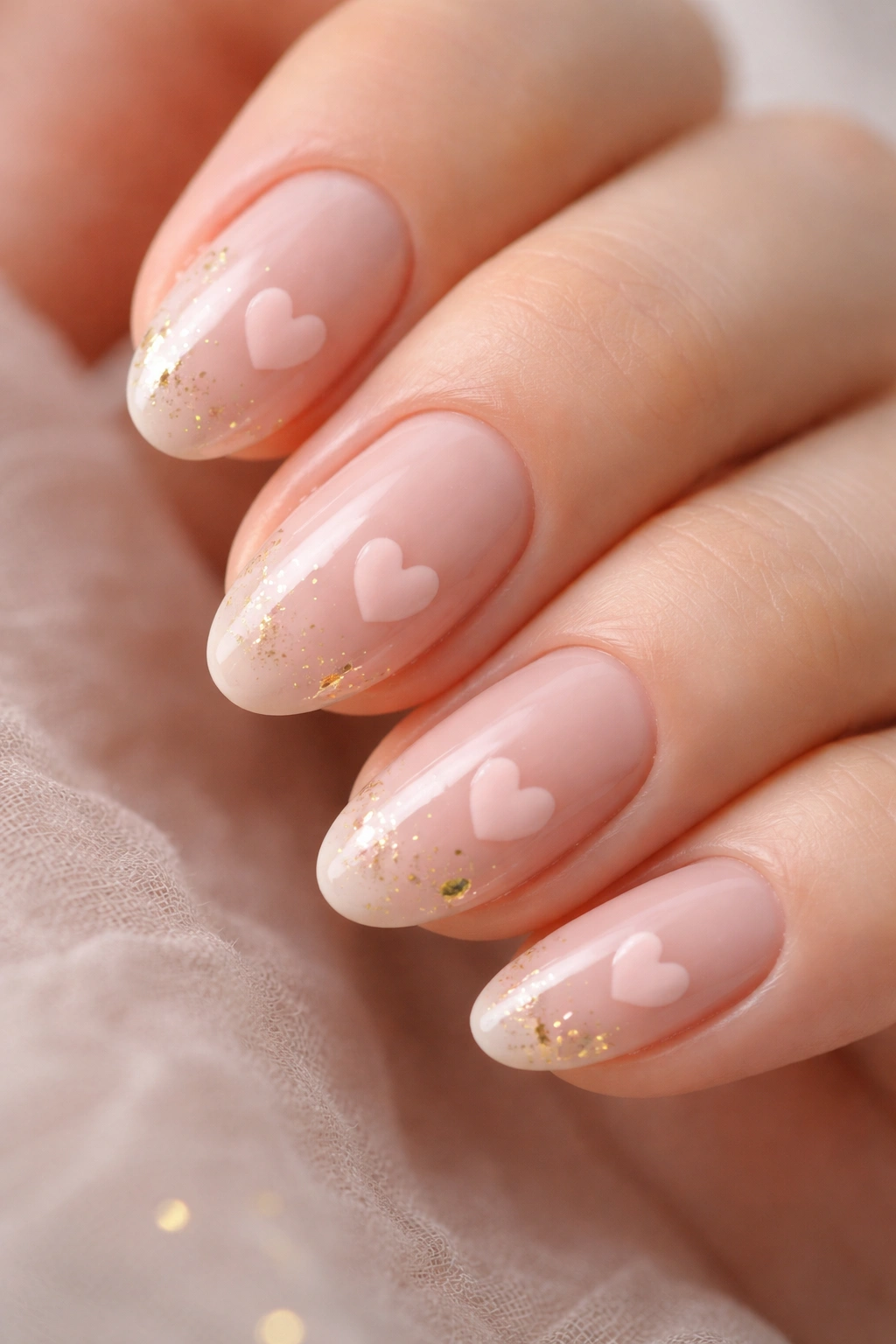 Close-up of short almond nails with blush hearts and gold foil accents