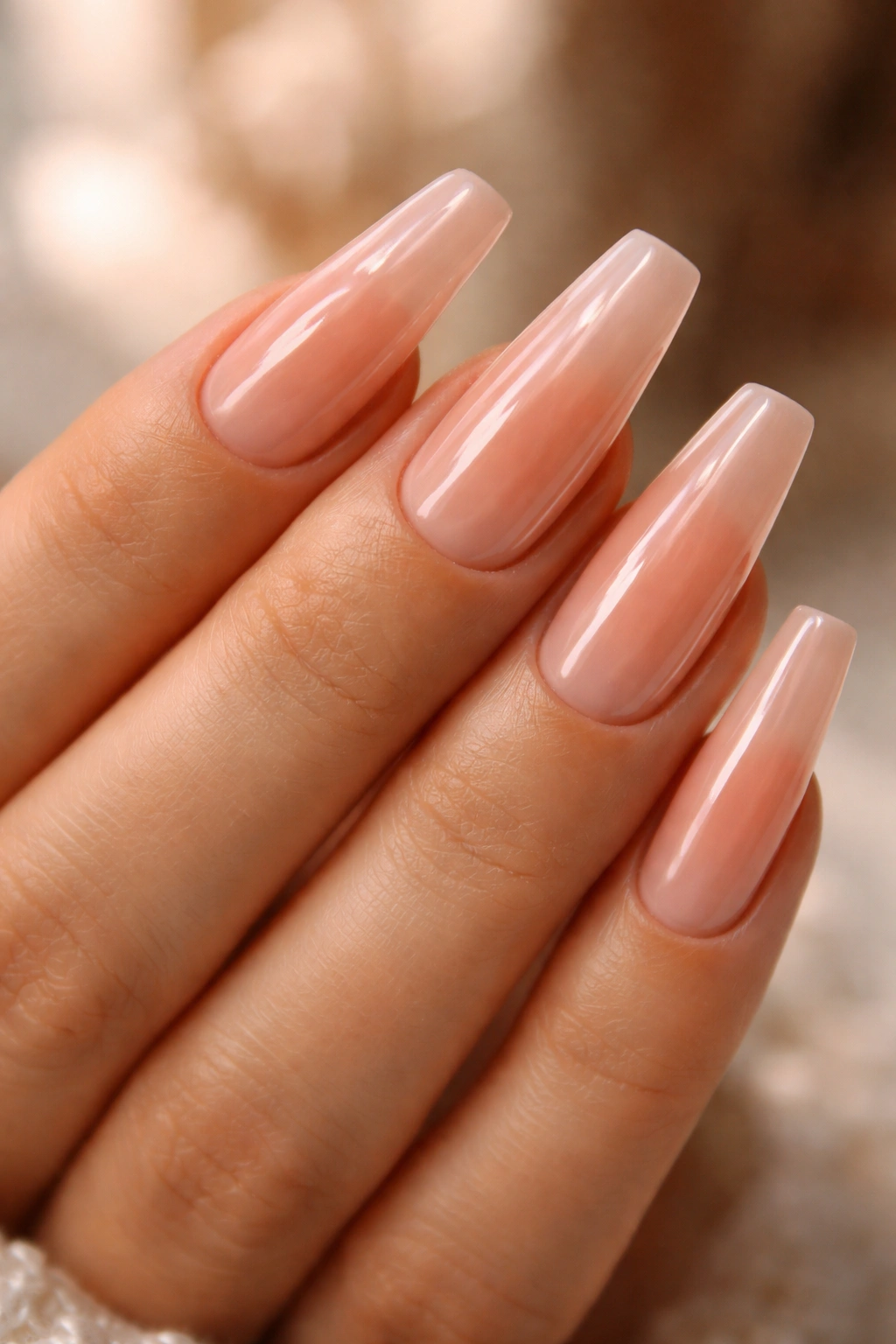 Close-up of jelly layered blush nails with tapered edges