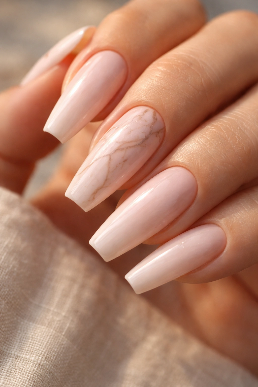 Blush marble ballerina nails with fine veins
