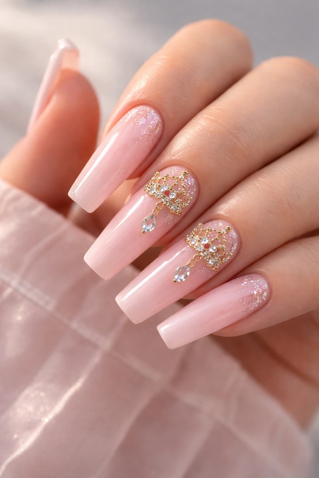 Blush nails with tiny crown charms and diamonds on accent nails