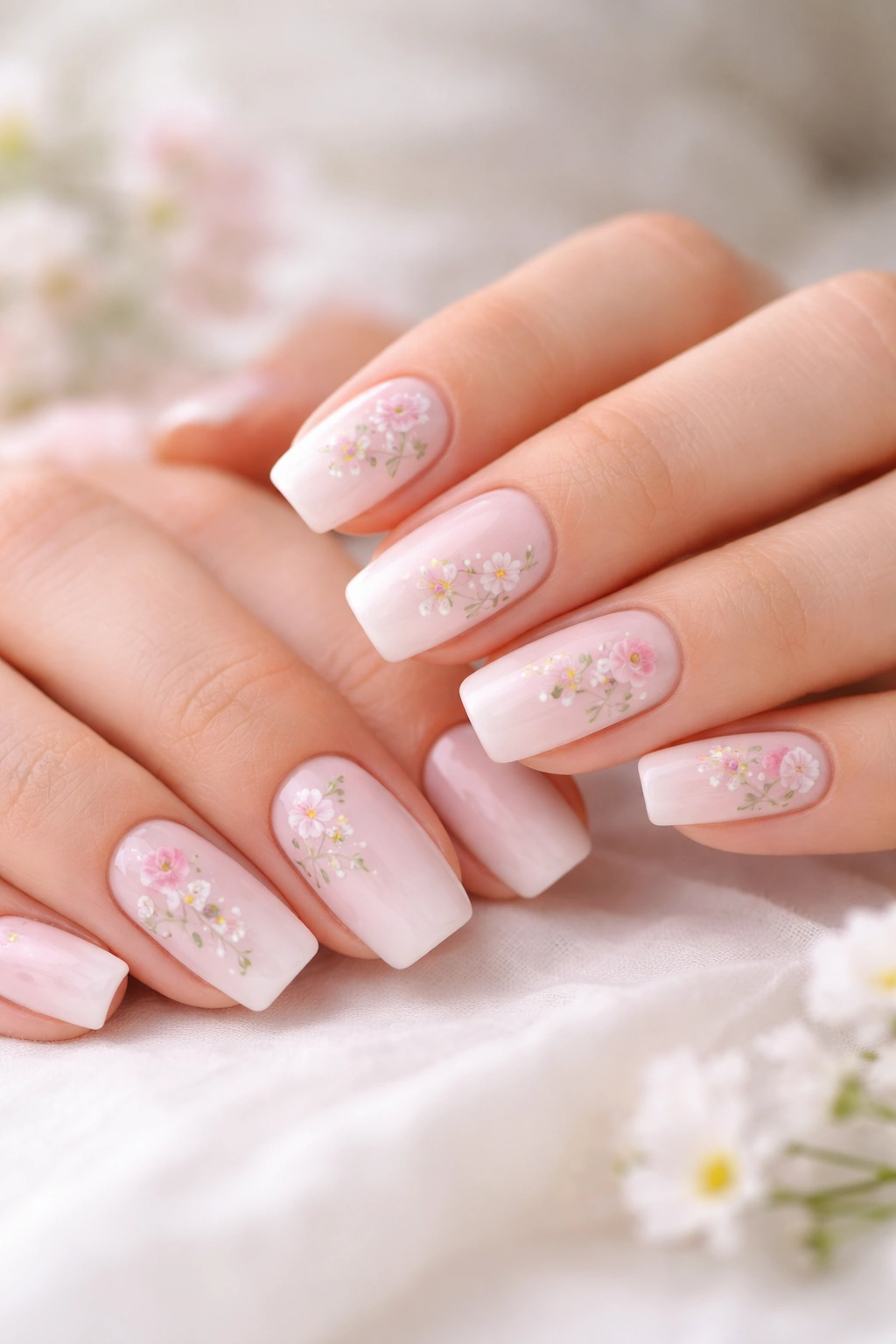 Soft blush square nails with tiny hand-painted florals on a neutral background