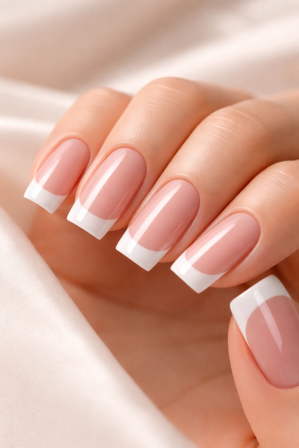 Close-up of square nails with a warm blush pink base and white French tips.