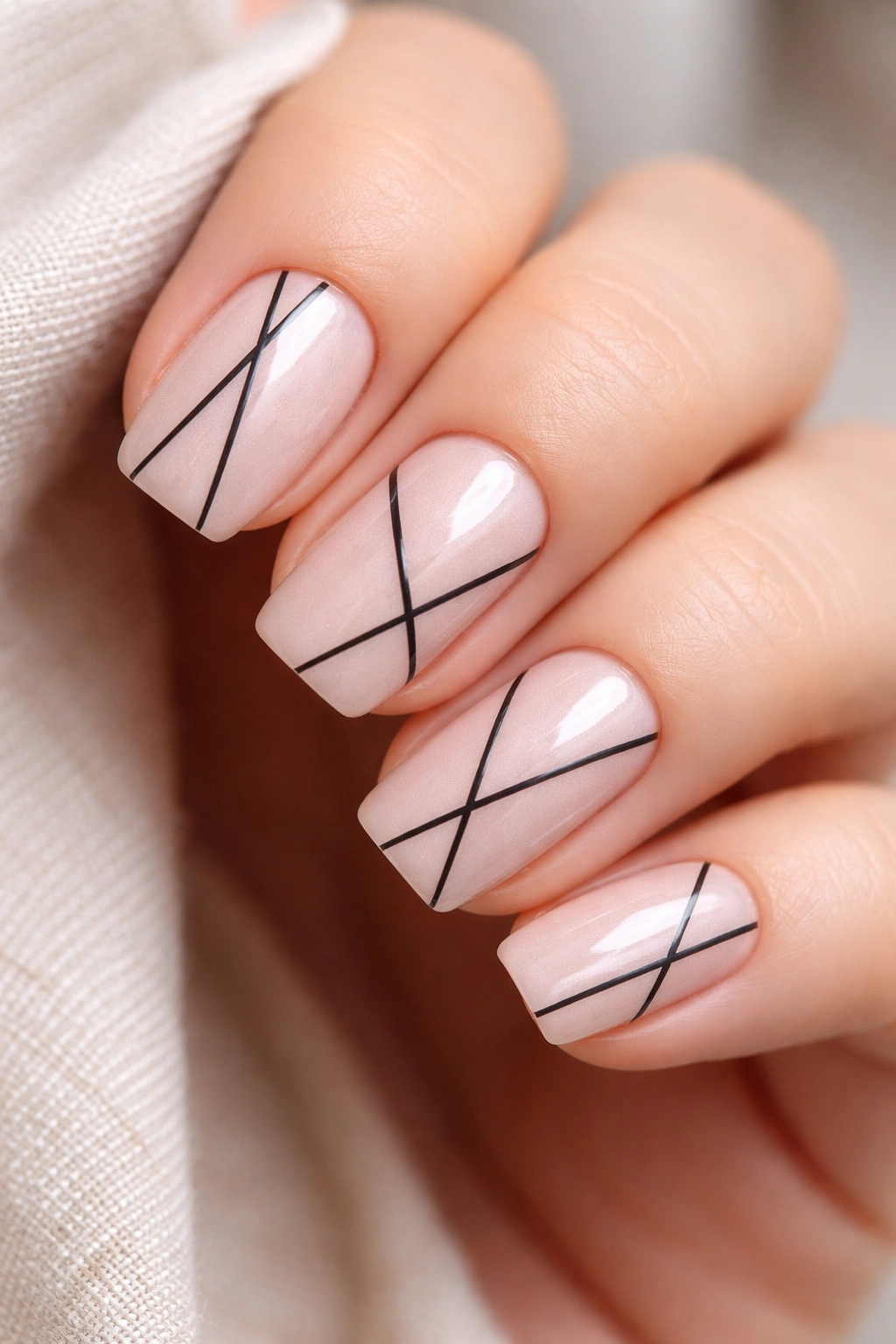 Close-up of soft blush squoval nails with geometric line art