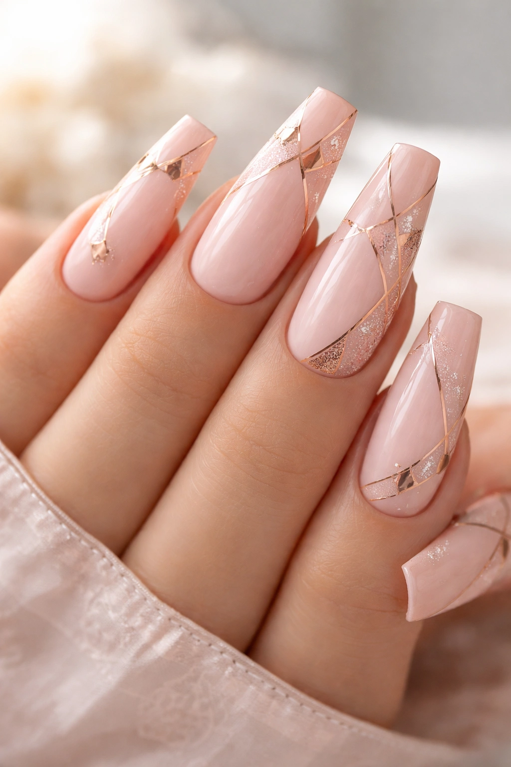 Blush pink coffin nails with rose gold geometric shapes