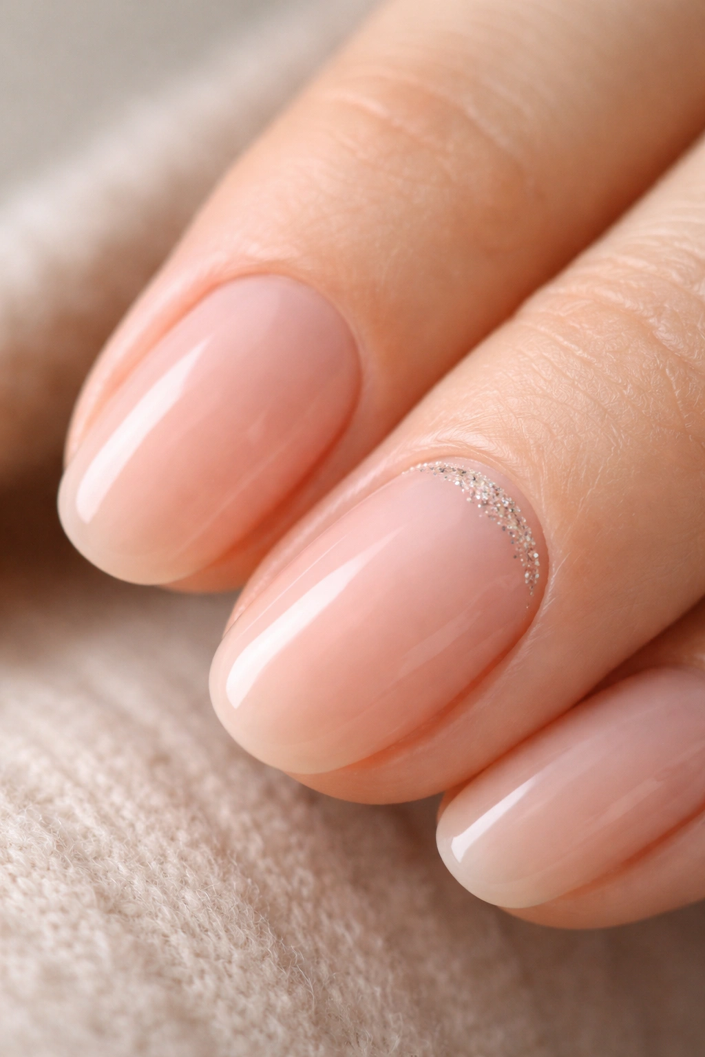 Close-up of short oval nails with sheer blush base and a thin glitter line