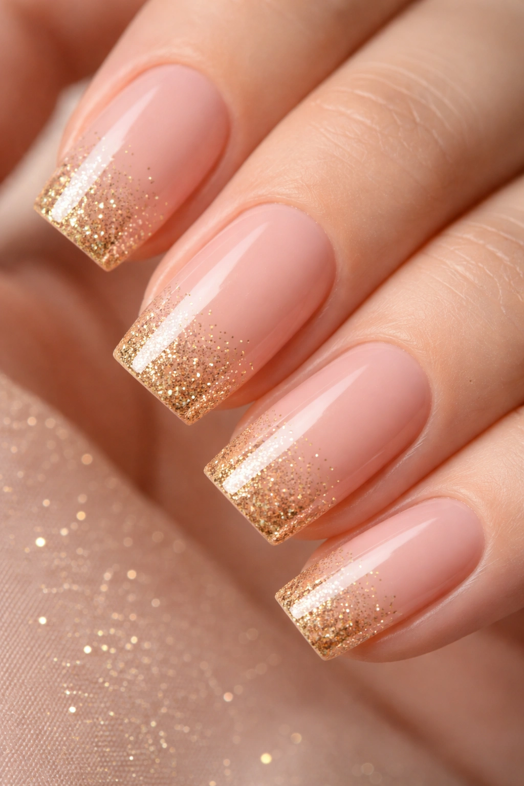 Blush pink nails with gold glitter tips