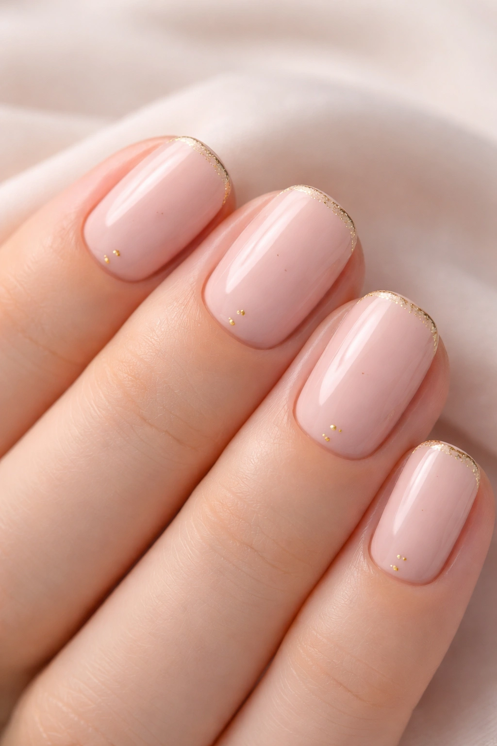 Close-up of short squoval nails with soft pink base and gold accents