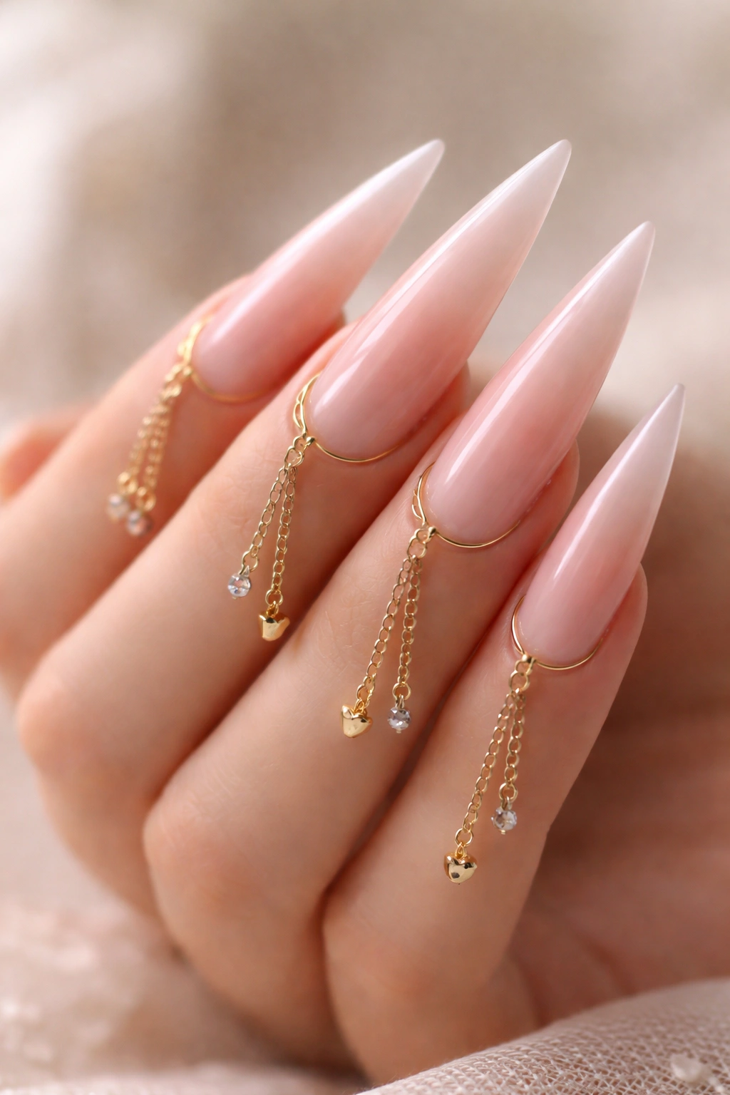 Close-up of blush stiletto nails with hanging gold chain charms