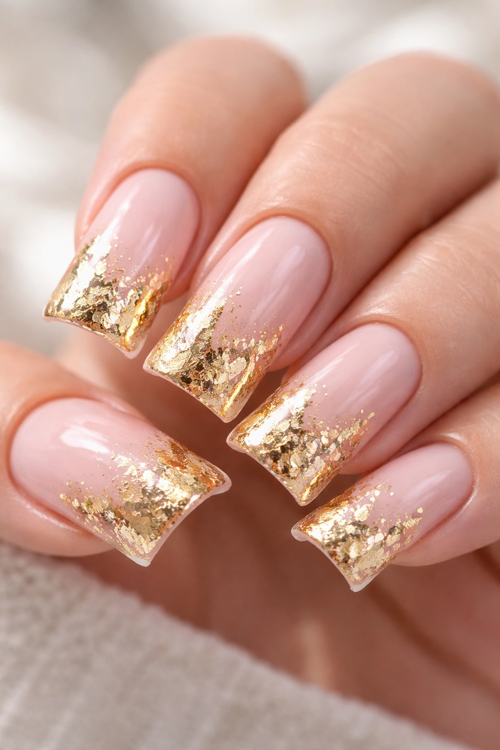 Close-up of blush nails with gold foil splatters on duck-shaped tips