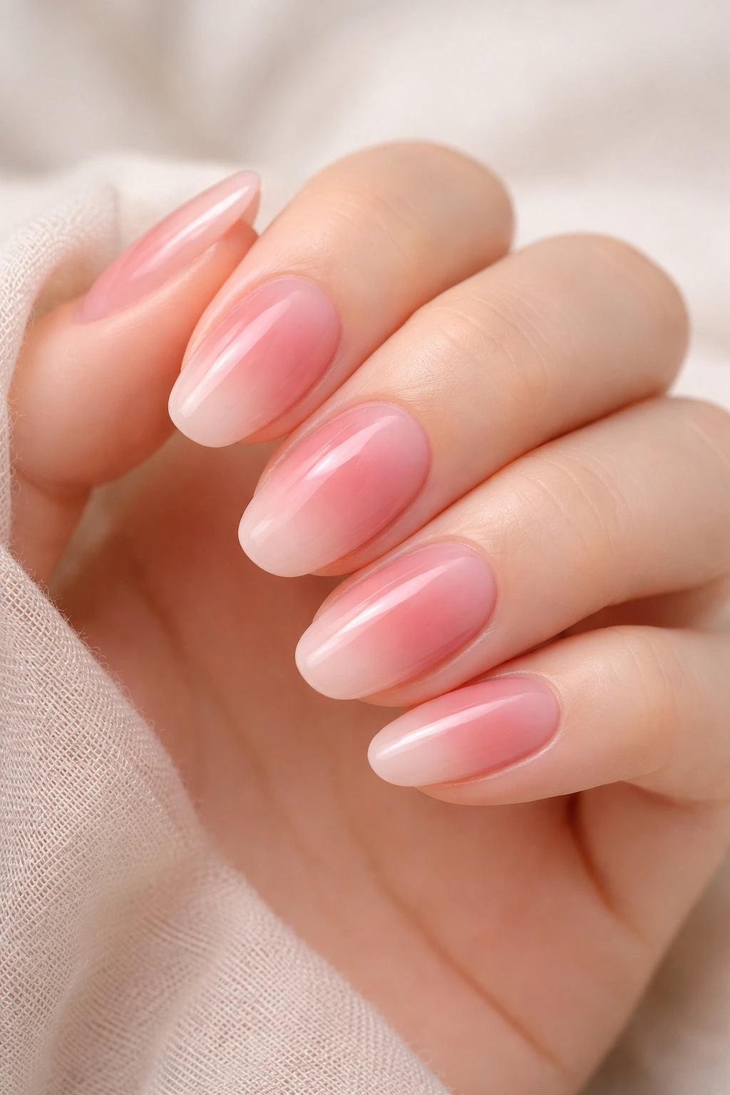 Close-up of blush nails with rosy center and diffused edges