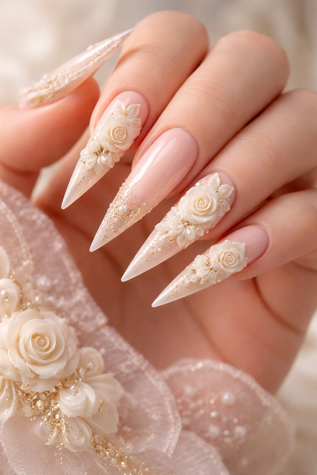 Close-up of blush pink stiletto nails with ivory 3D roses and gold accents