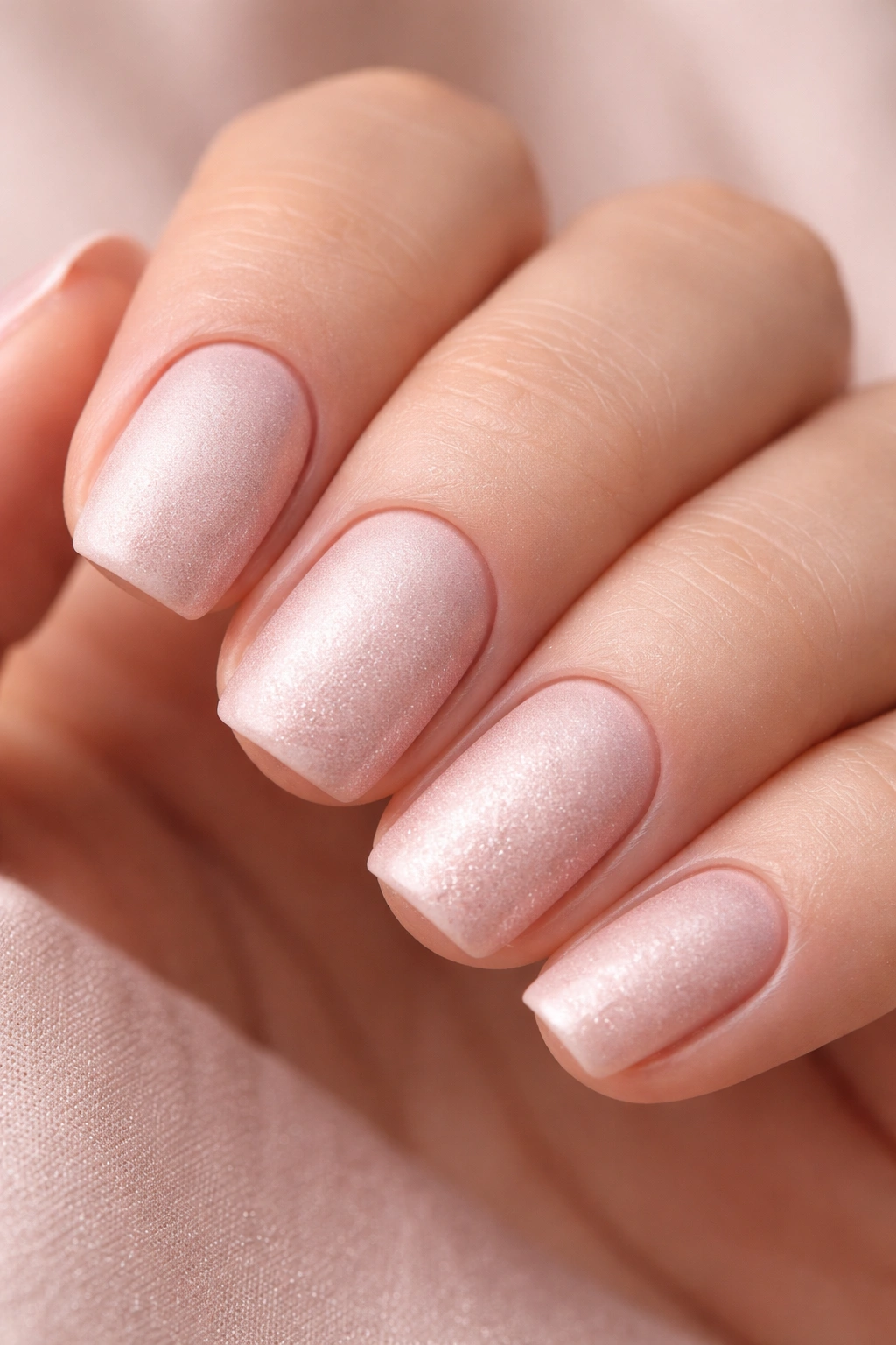 Close-up of blush nails with metallic matte top coat