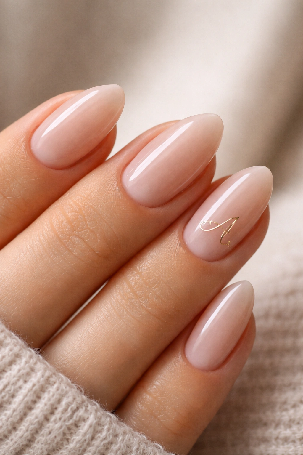 Close-up of blush nails with one accent nail featuring a tiny monogram-like mark