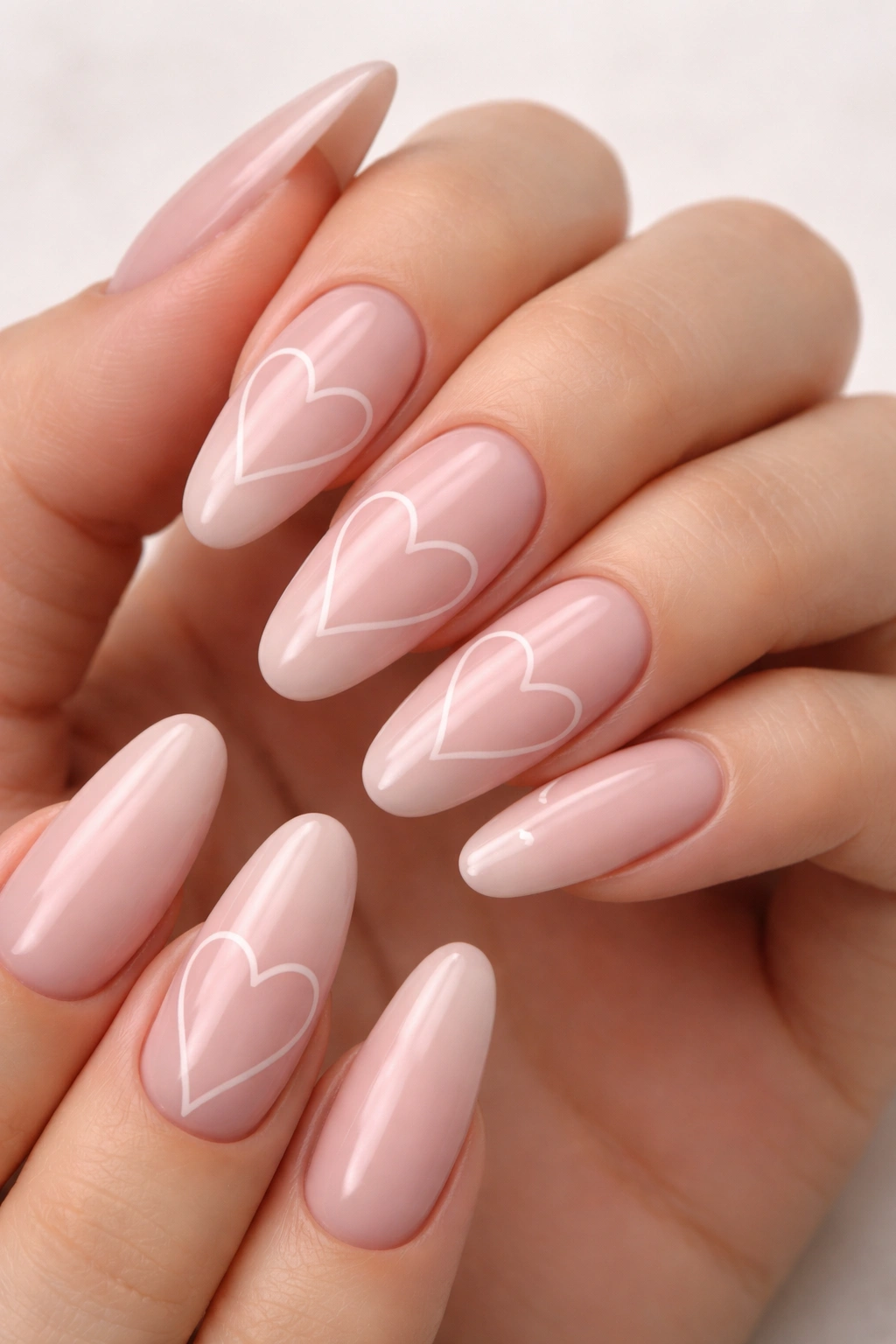 Blush nails with negative-space heart outlines