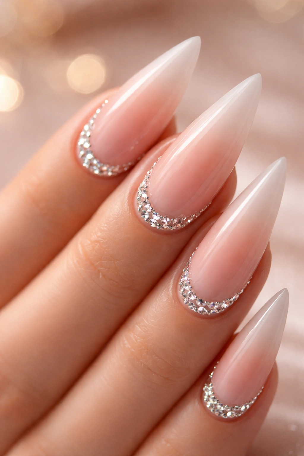 Blush ombré stiletto nail with rhinestones at the tip