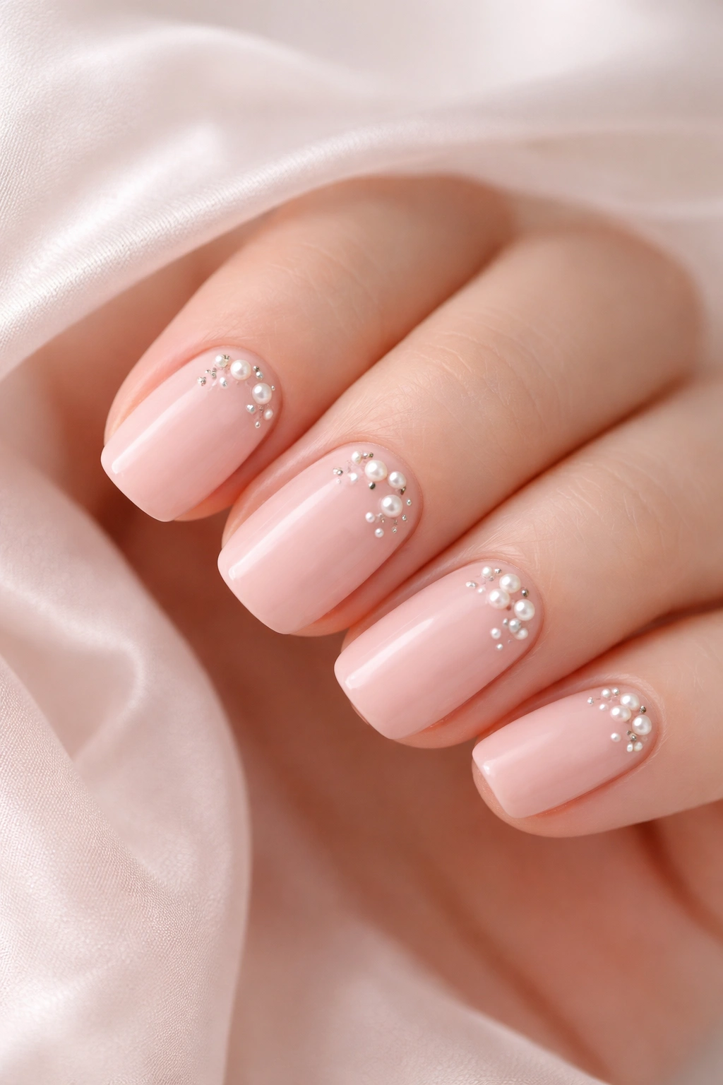 Close-up of soft blush nails with delicate pearl embellishments.