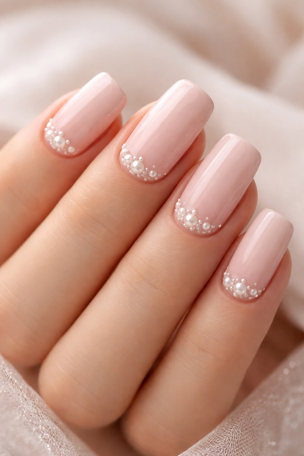 Blush pink nails with pearl accents along the cuticle.
