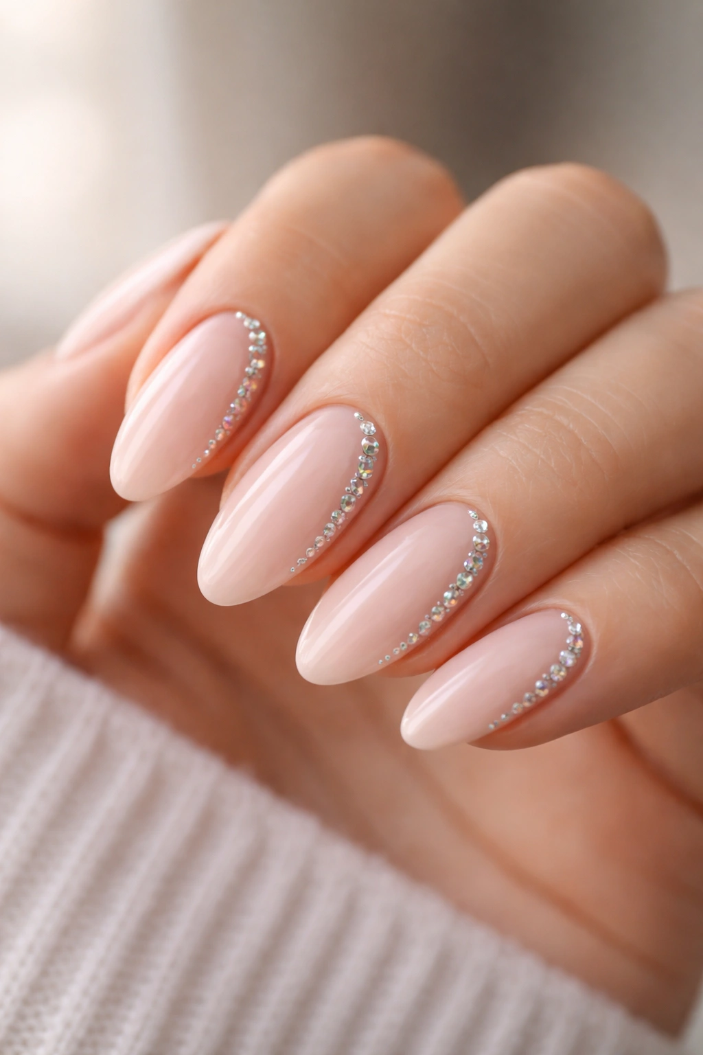 Close-up of blush almond nails with side-swept crystal trail