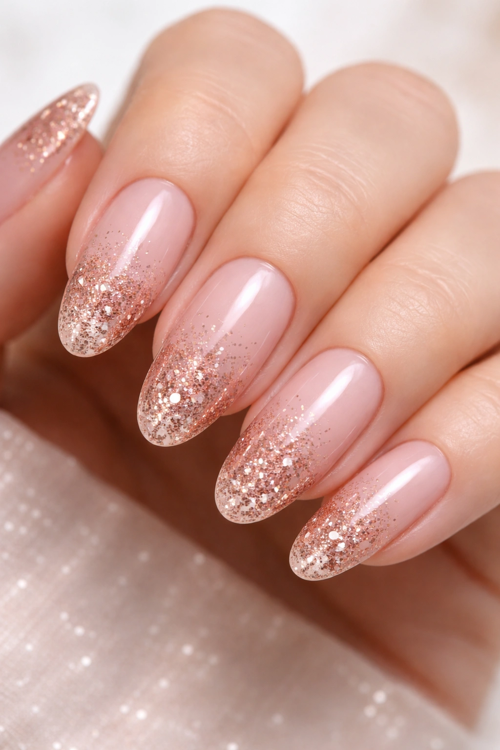 Close-up of blush nails with rose gold glitter ombré