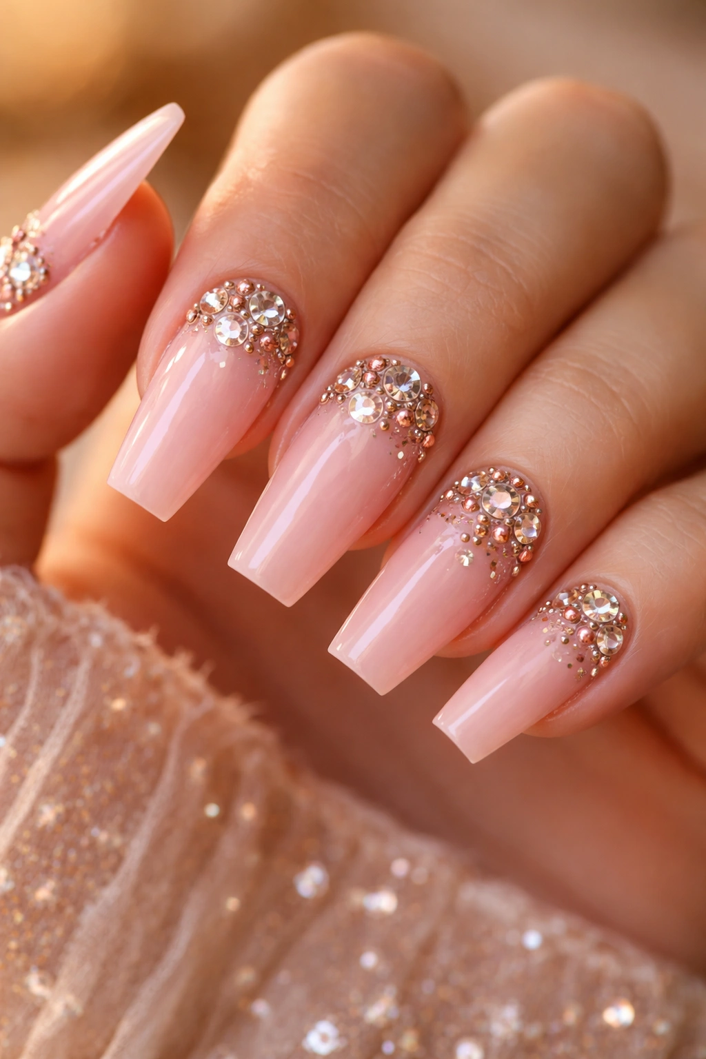 Blush nails with rose gold and clear rhinestones mix